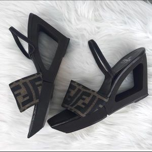 Vintage Fendi Zucca Cut Out Wedge Sling Back Heels